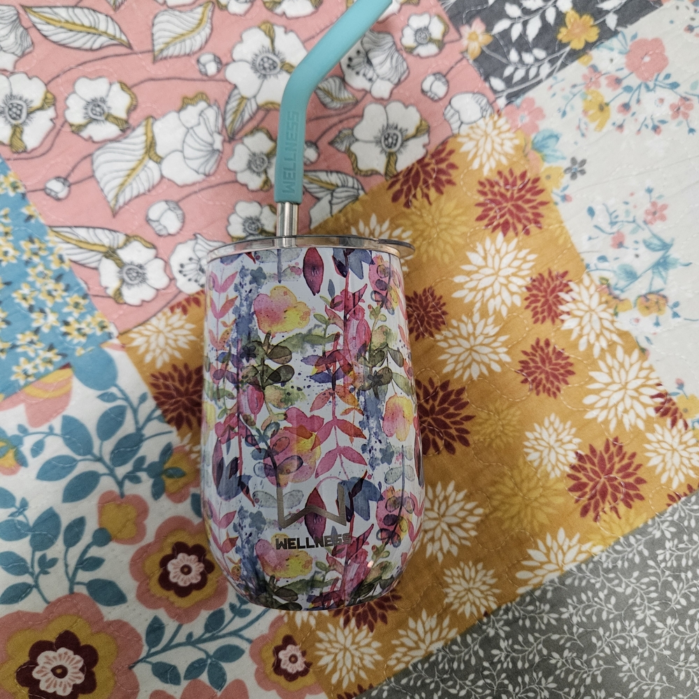 Floral Stainless Steel Wine Tumbler with Straw - Multicolor